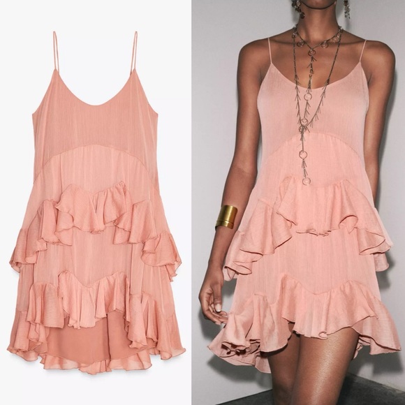 Zara NWT salmon pink ruffled tiered layered mini dress - ZW collection - Picture 1 of 11